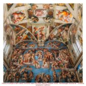 Fresky na stropě a čelní stěně Sixtinské kaple (Stvoření Adama, Poslední soud) - Michelangelo Buonarroti - vrcholně renesanční malířství